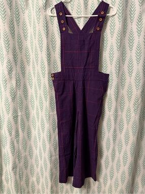Purple Plaid Wide-Leg Button-Strap Jumpsuit